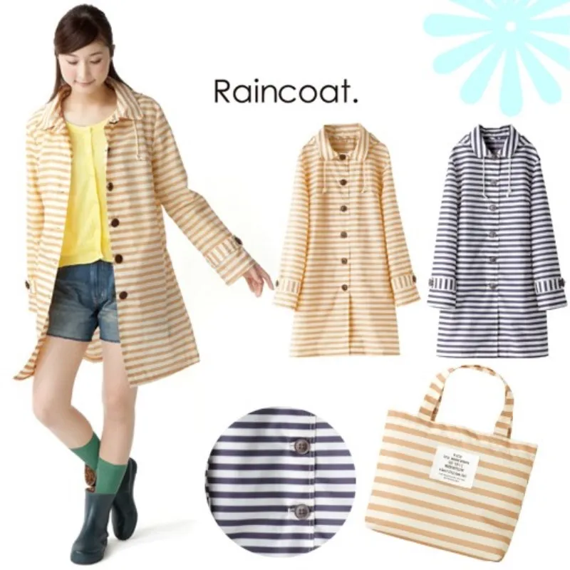 

Freesmily Japan and South Korea style light and lovely tourist outdoor fashion women's raincoat mariner series of fine stripes