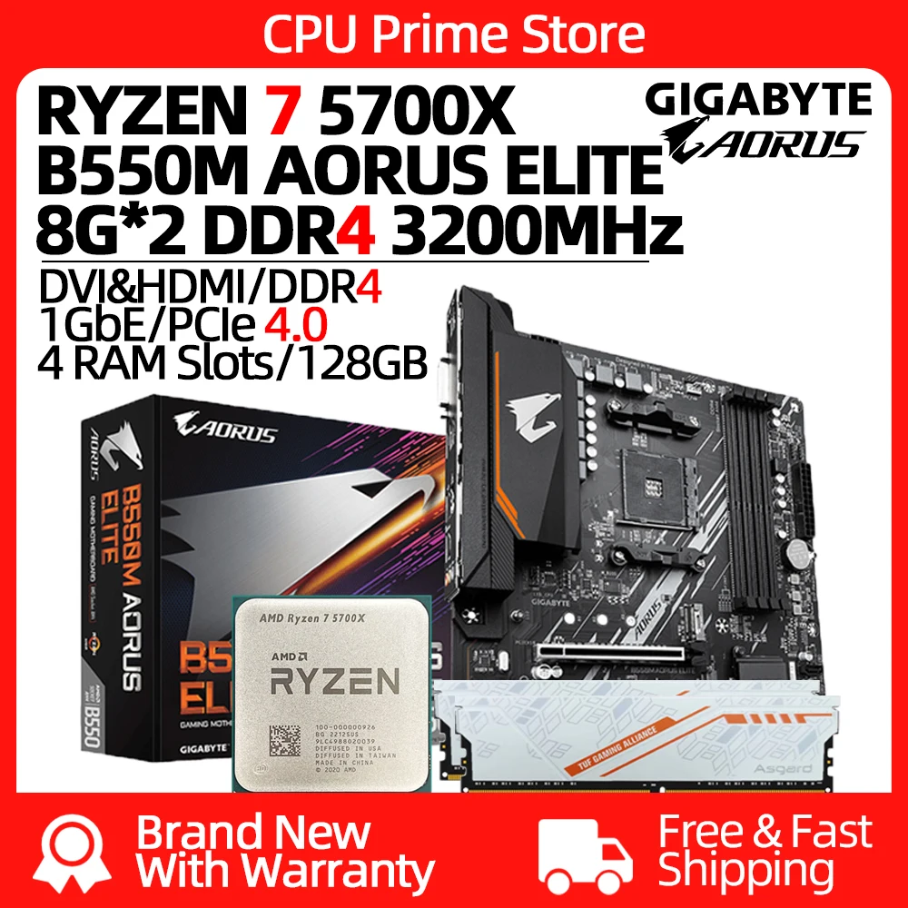 AMD Ryzen 7 5700X+GIGABYTE B550M AORUS ELITE Motherboard and Processor with Memory Set Kit Ryzen