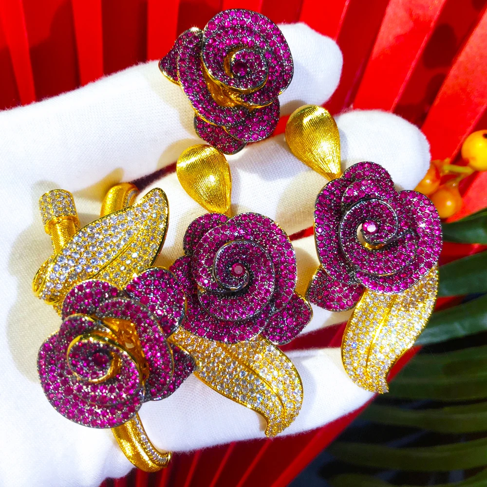 

GODKI Romantic Rose Flower 3PCS Bracelet Ring Earring Set For Women Wedding Bridal Zircon African/Indian/Dubai Bridal Jewelry