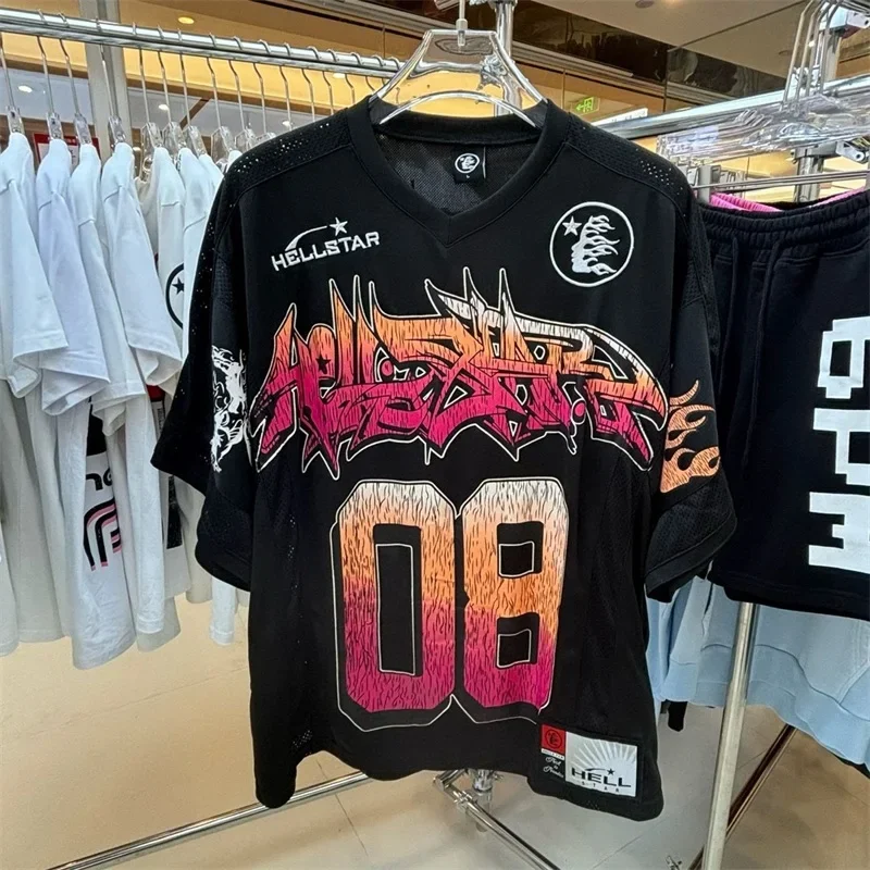 

Сетчатая футболка 24ss Hell Star в стиле пэчворк для мужчин и женщин, черная футболка большого размера в масштабе 1:1, лучшее качество