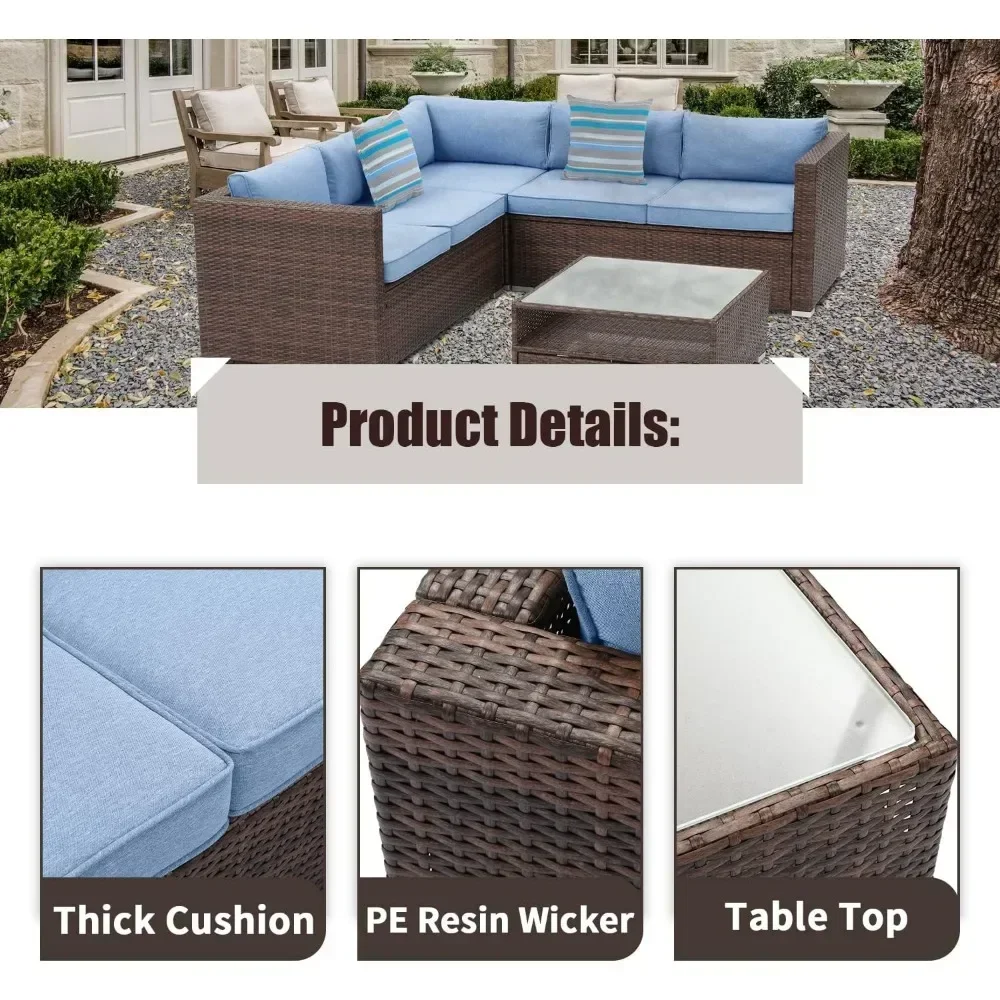 4-piece Outdoor Combination Sofa Courtyard Furniture with Blue Thick Cushion, Courtyard Conversation Set Outdoor Willow Sofa 3