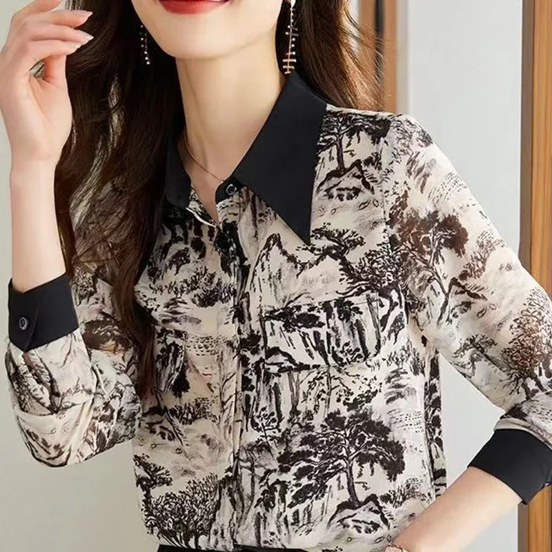 Autumn Chinese Style Shirt Women Chic Office Lady All Match Natural Scenery Long Sleeve Pocket Turn Down Collar Drape Print Top