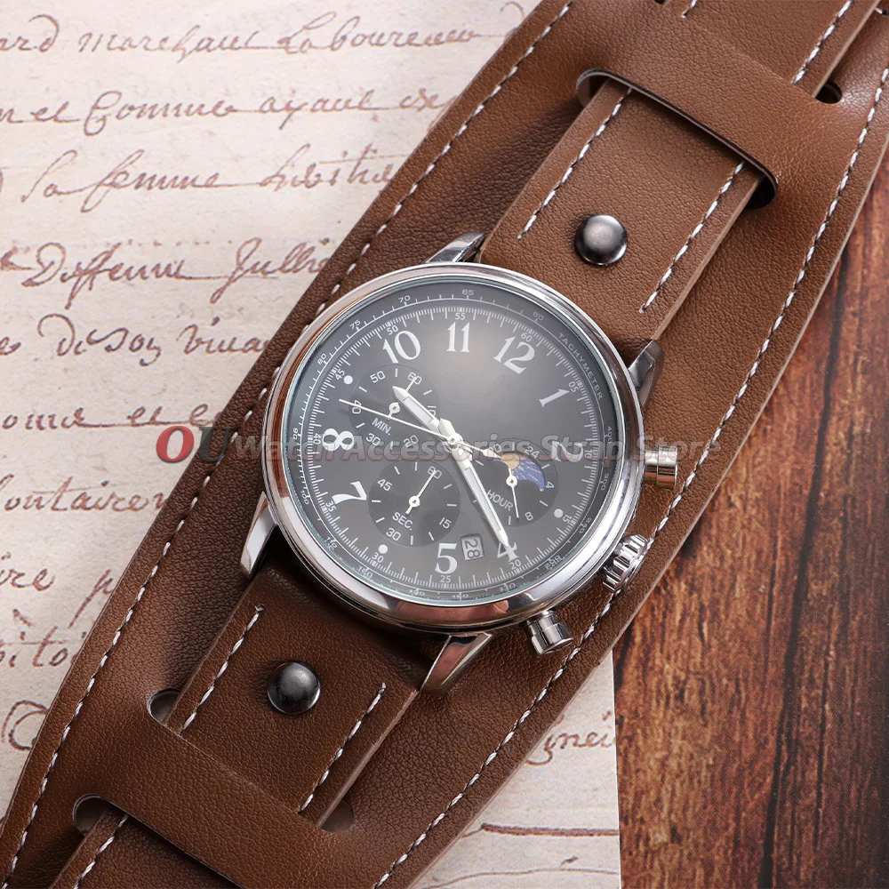 Vintage Cowhide Cuff Watch Band Bracelet in Deep Brown, Black, and Light Brown