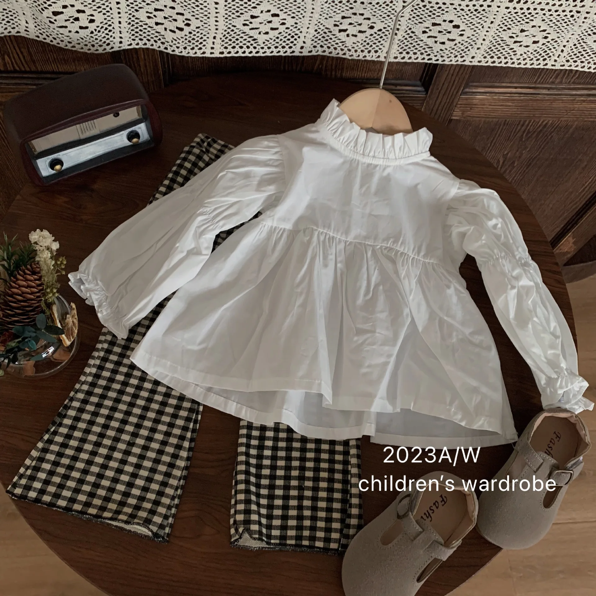 

2024 Children Boys Korean Spring Autumn 2PCS Cotton Plaid Flared Pants Suit Solid Ruffles Collar Lantern Sleeve Shirt Kid Outfit
