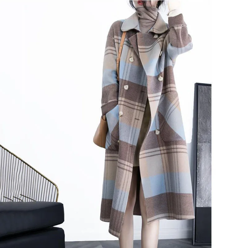 

2023Winter Plaid Woolen Long Coat Casual Women Double Breasted Faux Wool Jacket Fall Fashion Korean Ladies Clothes New Outerwear