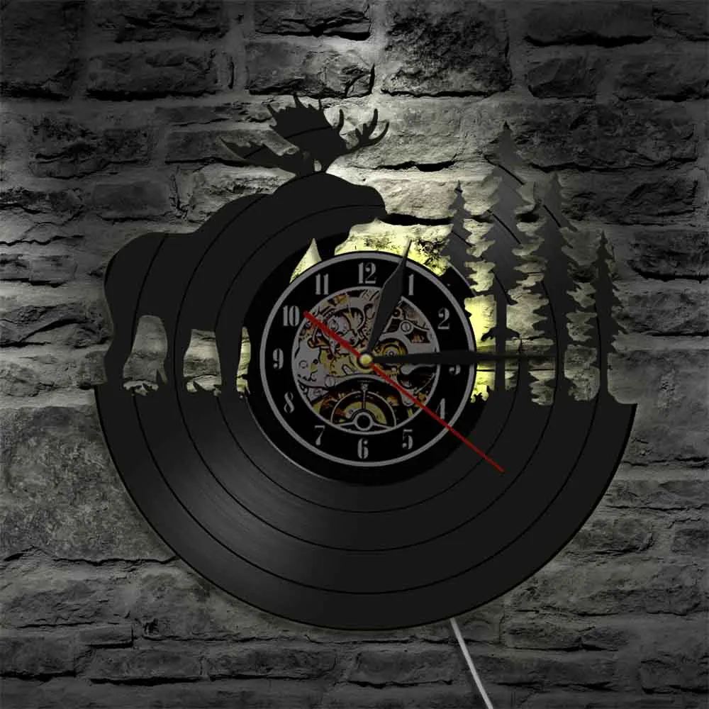Woodland Deer Wall Decor Retro Vinyl Record Orologio Da Parete Antlers Forest Elk King Con Albero Di Pino Caccia Orologio Da Parete Hunter Idea