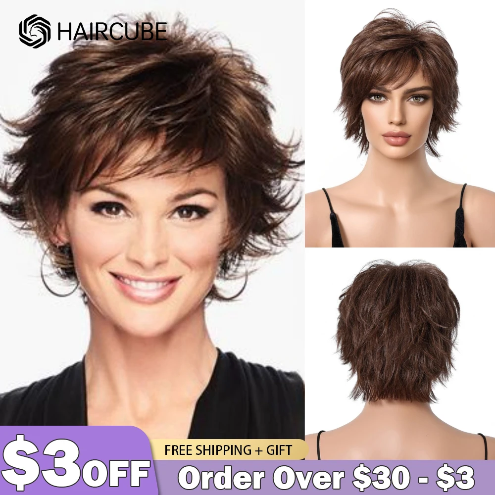 Short Pixie Cut Human Hair Blend Wigs for Women Chestnut Brown Layered Wavy Bob Blend Human Hair Wigs with Bangs Women Daily Wig