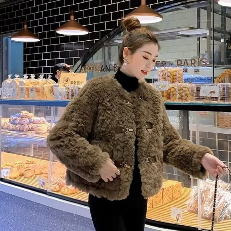Faux Fur Coat for Women, Loose Temperament, All-Match Short Top, Round Neck, Lamb Wool Outwear, Casual Fashion, Winter, New,2024
