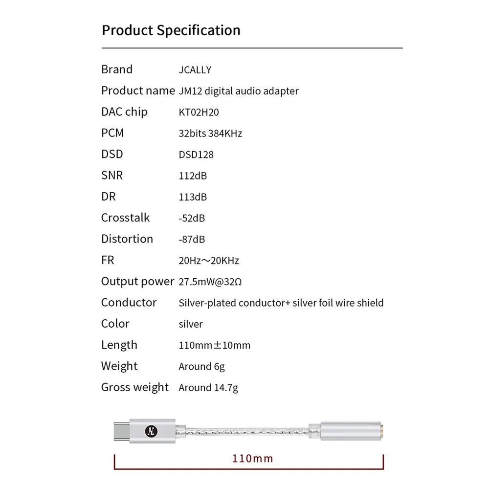 JCALLY JM12 Digital Audio 3.5mm aux adapter Type-C to 3.5mm Audio Adapter KTO2H20 DAC Chip 32bits/384KH DSD128