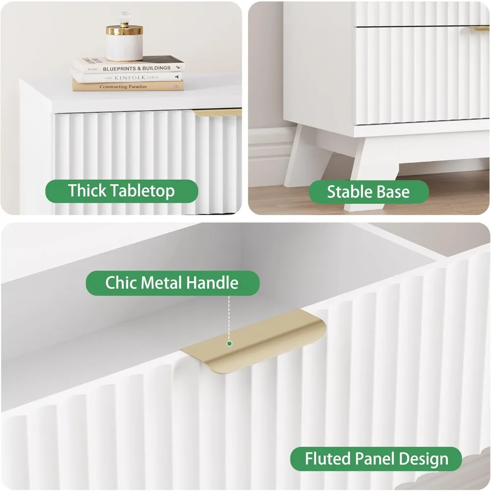 Mid-Century Modern 24" Wide Fluted Side Table with 3 Storage Drawers and Metal Handles