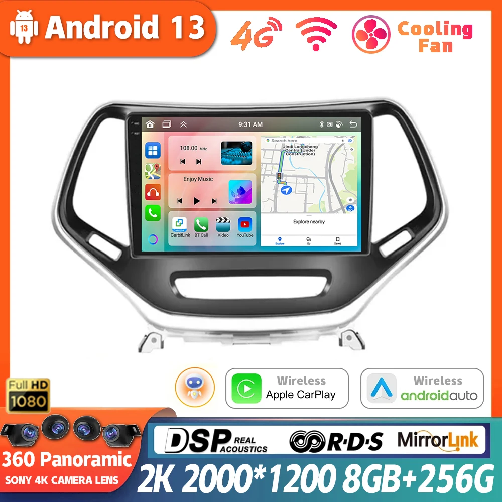 

10 дюймов Android 13 беспроводной Carplay и автомобильный радиоприемник мультимедийный видеоплеер для Jeep Cherokee 2015 GPS-навигация Стерео Авторадио