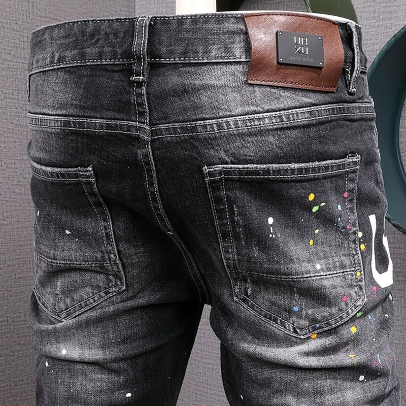 New Men's Jeans Vintage Black Grey Elastic Tight Split Jeans Men's Personalized Pocket Designer Hip Hop Brand Pants