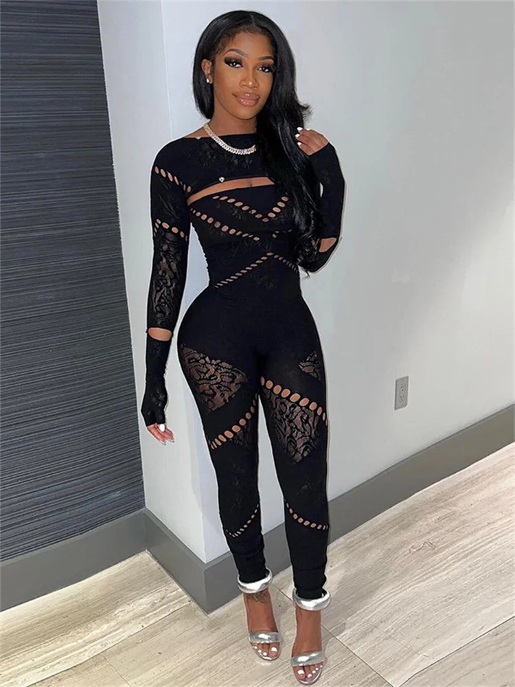 Sexy Outfits Streetwear Jumpsuits Women Long Sleeve Bodycon