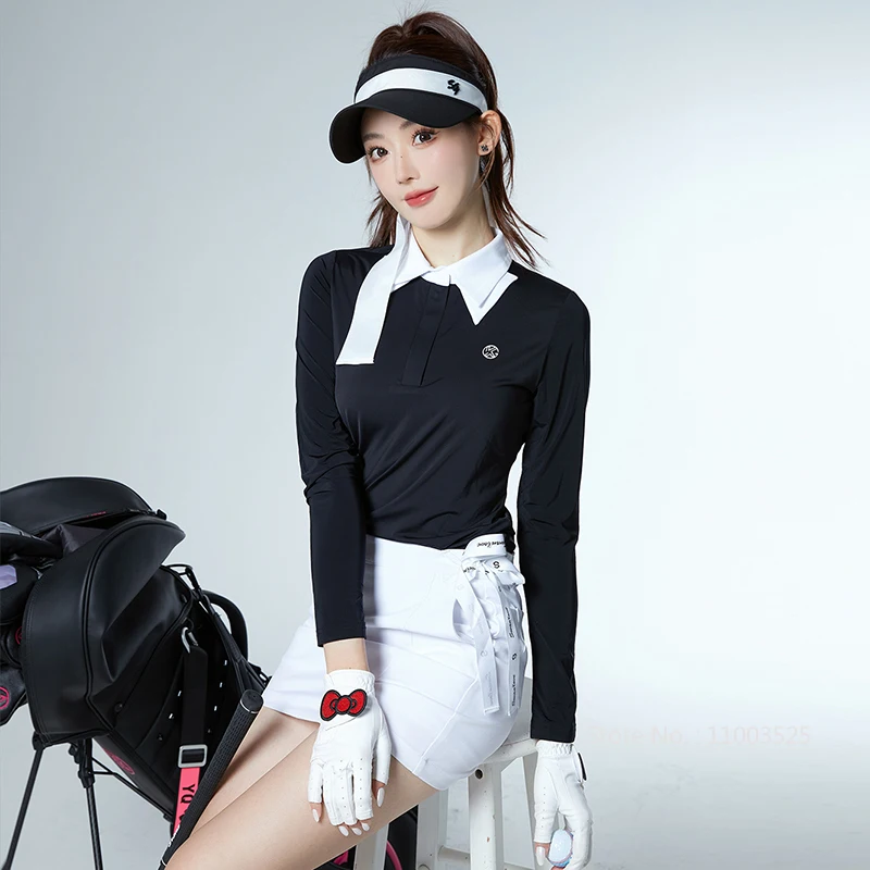 SG Golf Clothing Women Lapel Long Sleeve Shirt Ladies Slim Sports Polo Tops High-waist Bowknot Short Skirt Pencil Golf Skorts