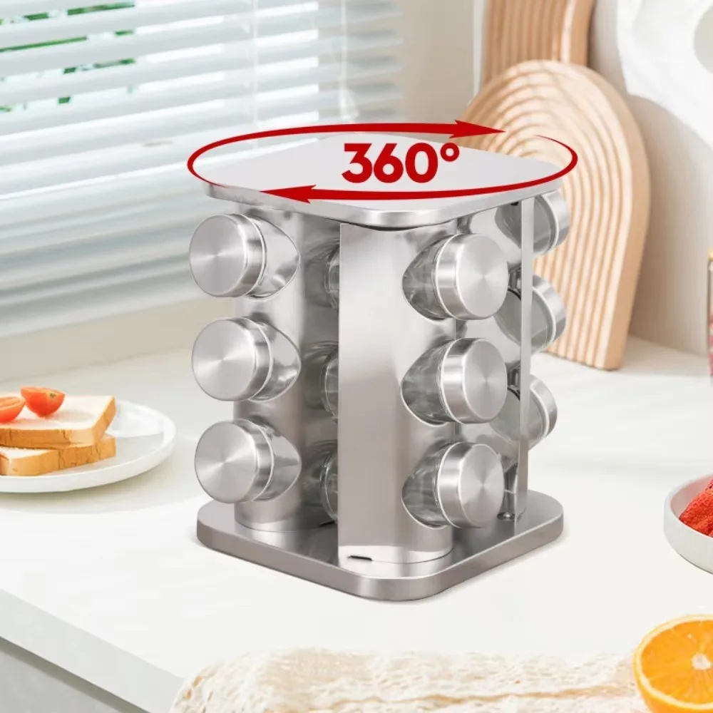 360&deg; Rotating Spice Rack Stainless Steel Seasoning Vertical Spice Sorting Rack Square Condiment Organizer Salt Sugar Containers