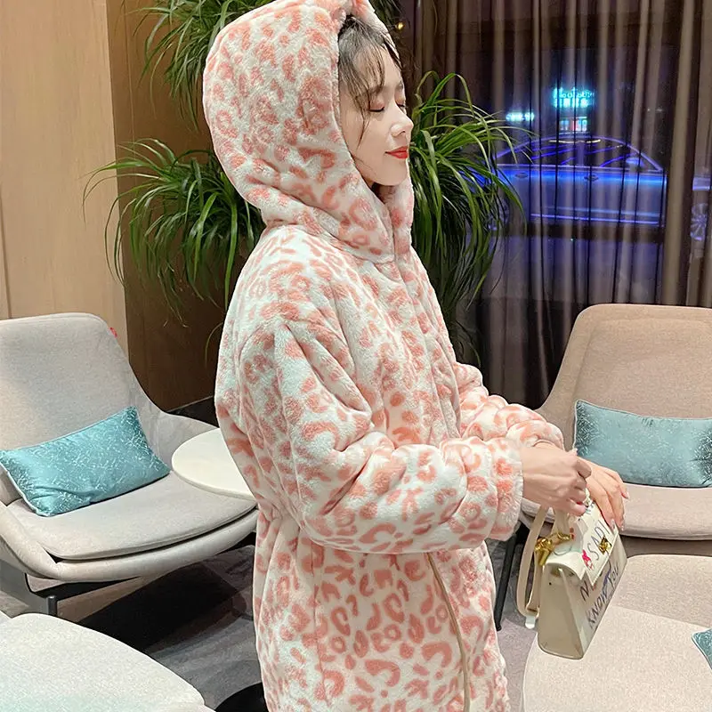 2023 Winter New Women Fashion Faux Mink Fur Coat Female Mid-Length Loose Large Size Hooded Casual Leopard Print Thicken Outwear