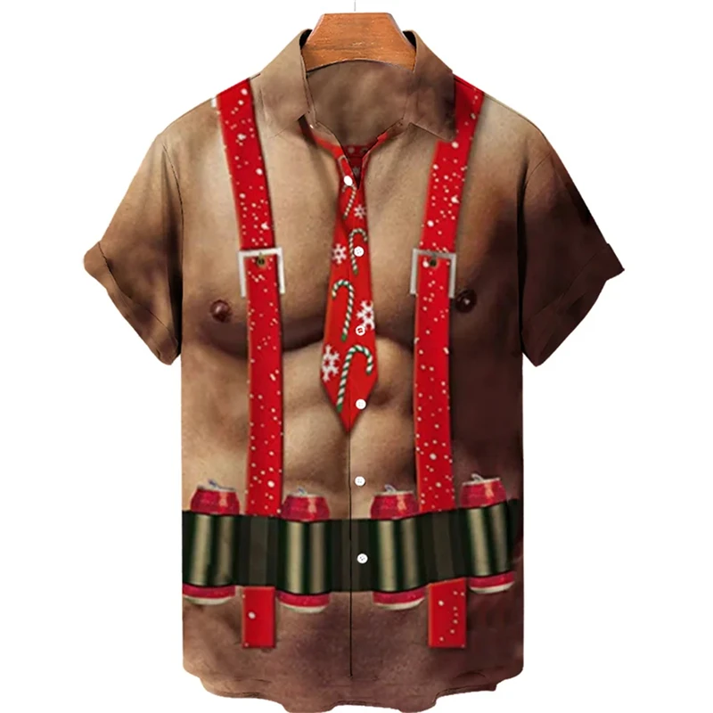 Funny Christmas Uniform Blouses Santa Claus Cosplay Shirts For Men Clothes Xmas Mens Gift Short Sleeve Streetwear Lapel Blouse 2