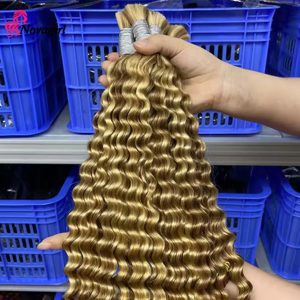 Human Braiding Hair for Boho Braids 50g/Pack Highlight Deep Wave Bulk Human Hair 4/27 Ombre Knotless Braiding Hair Extensions 4