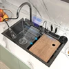 Stainless Steel Kitchen Waterfall Sink Digital Display Large Single Bowl Left Drainage Kitchen Sinks With Multifunction Faucet 1
