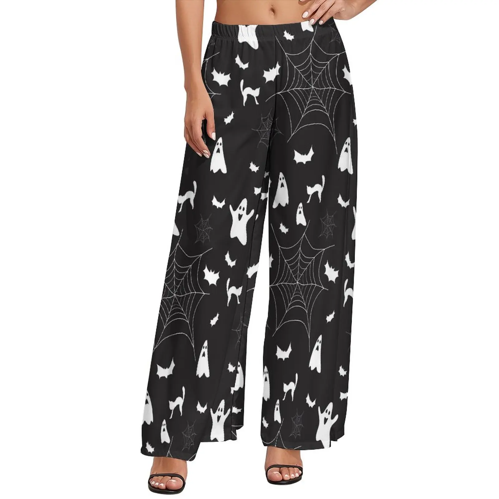 

Halloween Print Pants Female White Ghost Streetwear Trousers Elastic High Waist Casual Wide Pants Gift Idea