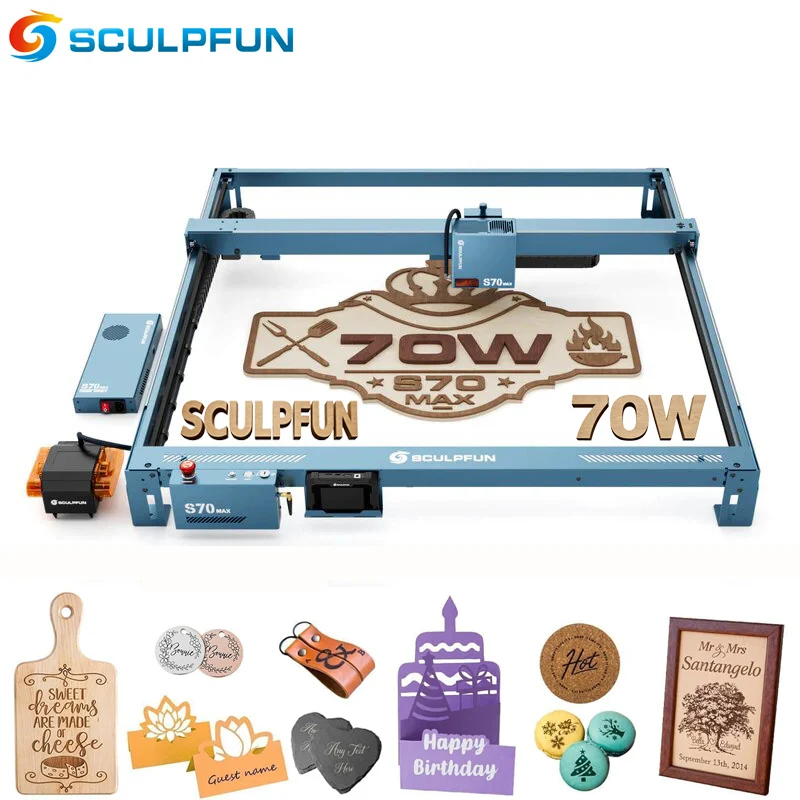 Máquina de Grabado y Corte Láser SCULPFUN S70 Max 70W, Kit de Asistencia de Aire de 50L, Área de Grabado de 830*800mm, Cortador con Enfoque Automático de un Clic