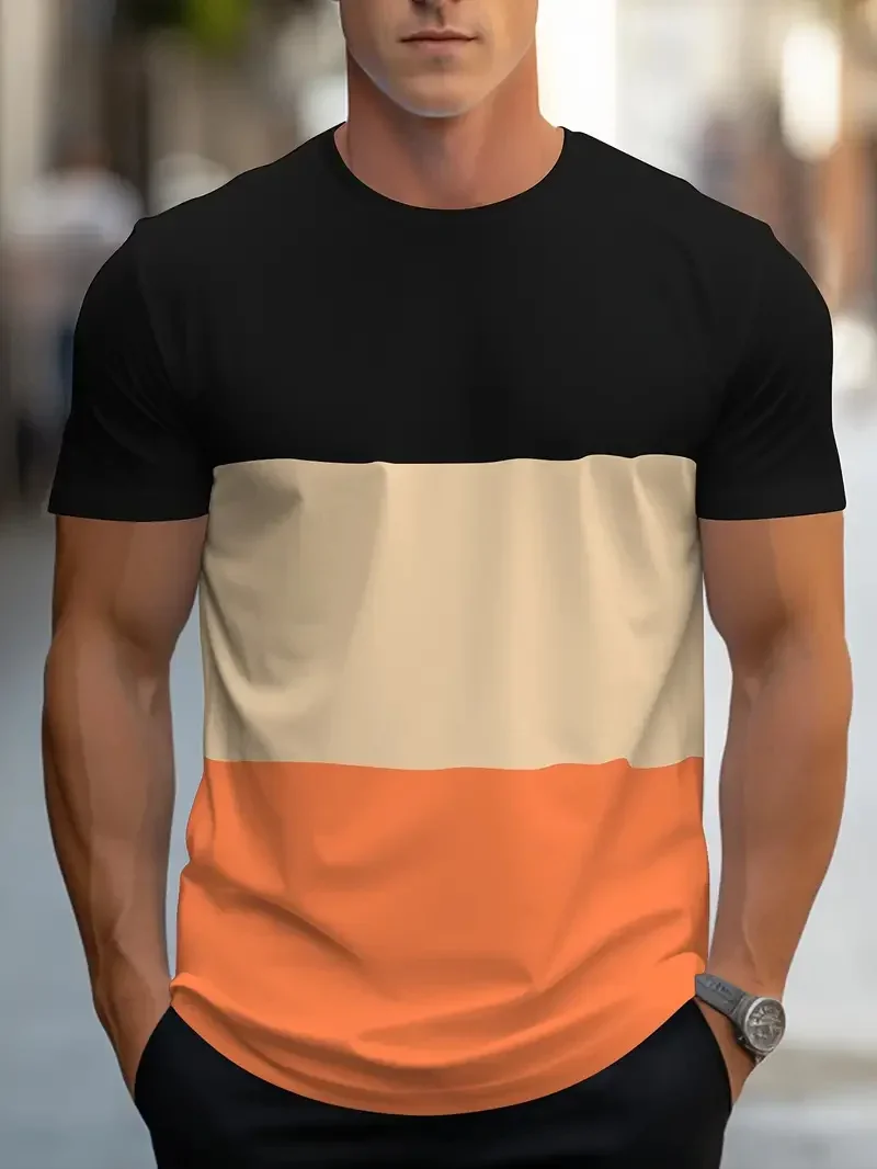 Summer Fashion Tri-color Geometric Pattern 3D Printed Embroidery Men's T-shirt Quick-Dry