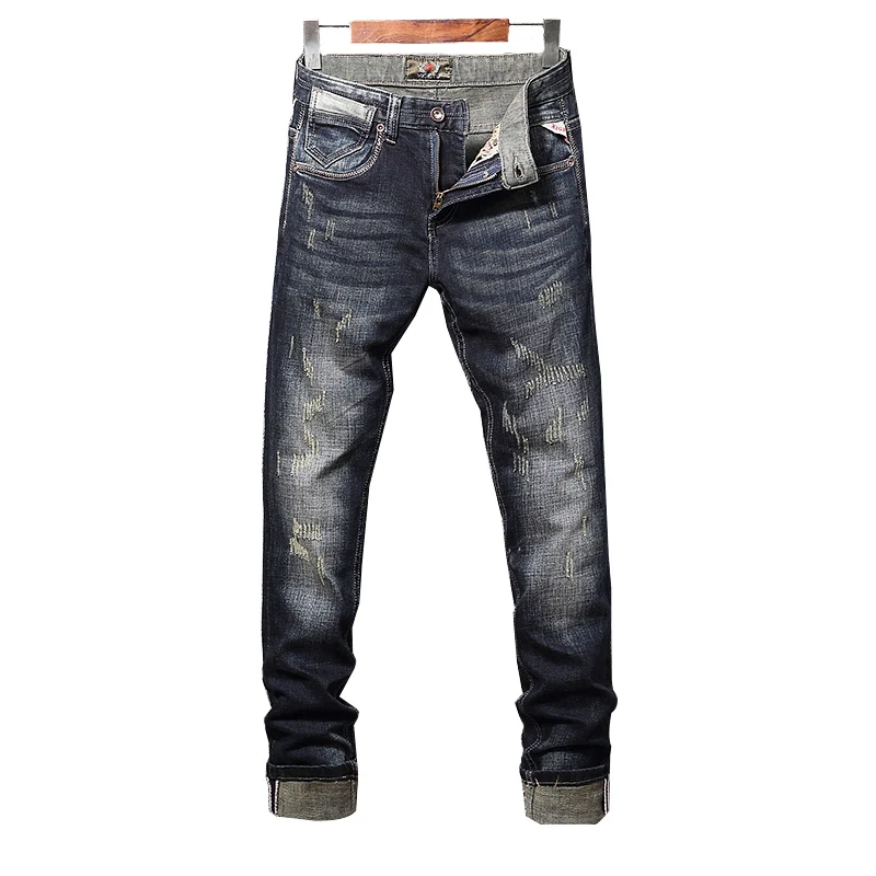 Newly Designer Fashion Men Jeans Retro Black Blue Elastic Slim Fit Ripped Jeans Men Trousers Vintage Casual Denim Pants Hombre