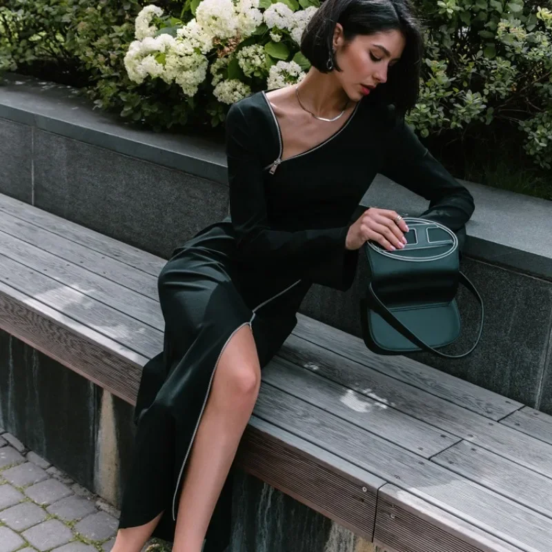 Zipper Patchwork Black Long Dress Women Off-Shoulder High Waist Elegant Clothes Party Dress Casual Ladies Slim Maxi Dress