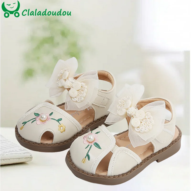 

Brand Embroidered Flower Enfant Summer Shoes Cute Lace Butterfly-knot Little Princess Dress Sandals Closed Toe Soft Kids Walkers