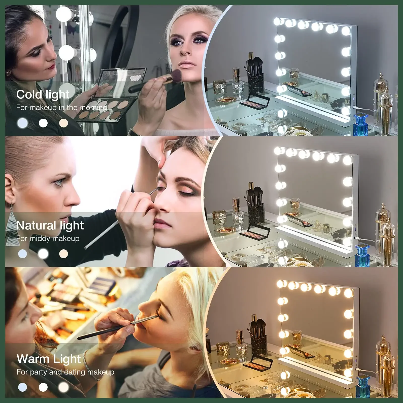 TUREWELL Hollywood Specchio per trucco con luci, grande specchio illuminato con 3 luci a colori e 12 lampadine a LED dimmerabili, schermo touch touch control e rotazione di 360 gradi (nero