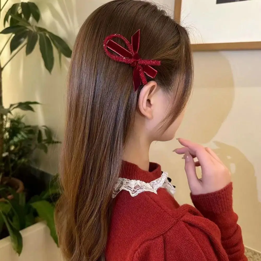 Schwarz rot Samt Bogen Haarnadel für Frauen Mädchen süße Strass Ente Rechnung Clip Pony Seite Clip Kopf bedeckung Haarschmuck – Detail 1