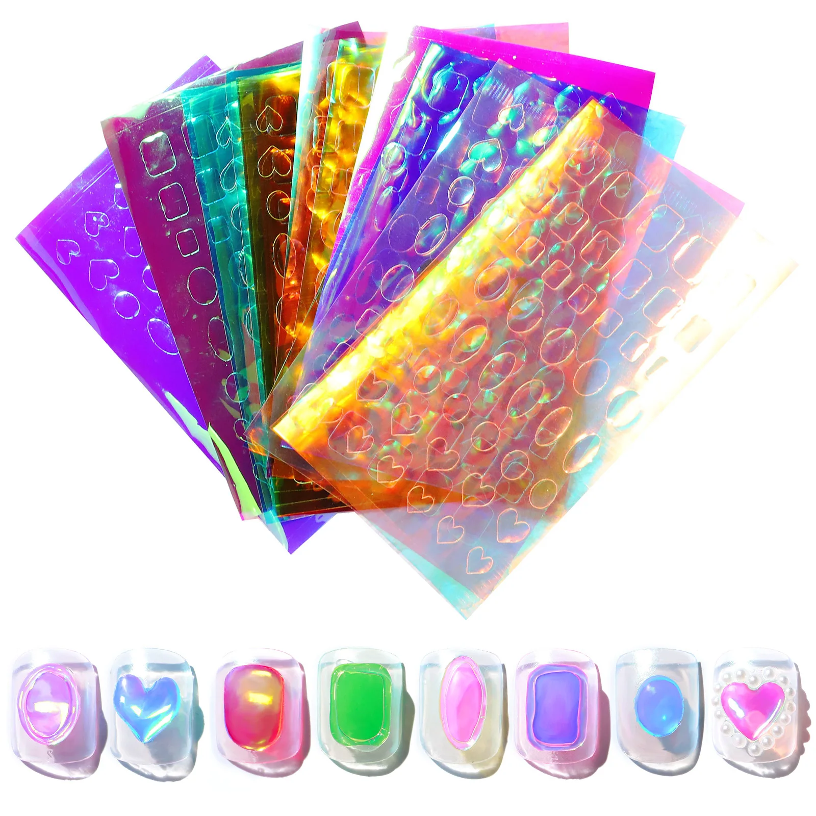 Aurora Ice Glass Paper Nail Foil Sticker Laser Holographic Cellophane Nail Decals Rainbow Reflective Candy Stickers 11pcs