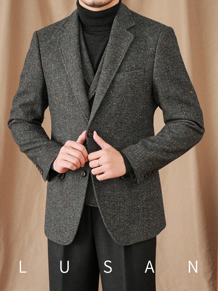 Mr. Lu San Gentry Dress Retro Commuter Business Herringbone Wool Suit Colorful Flower Point Warm Slim Fit Suit Trendy Men 2