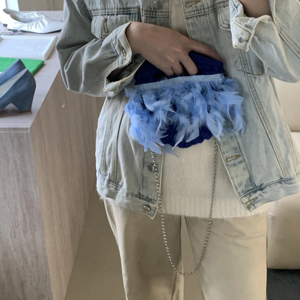 

Handmade Knitting Shoulder Bag Fashion Feather Woven Bag Handbags Designer Crochet Crossbody Bags for Women Mini Coins Clutch