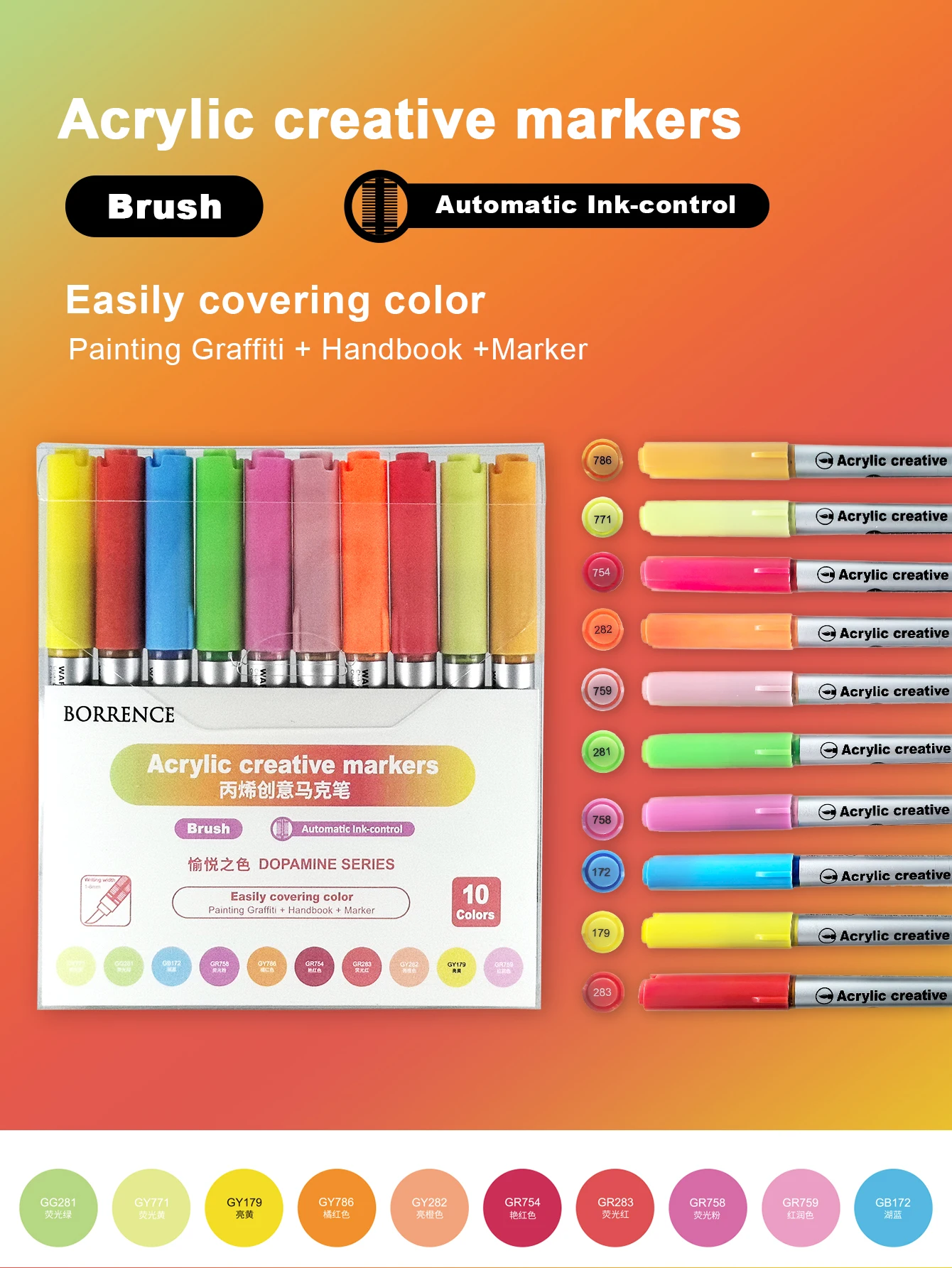 Vibrant Acrylic Brush Markers Set with Automatic Ink Control - 10 Colors