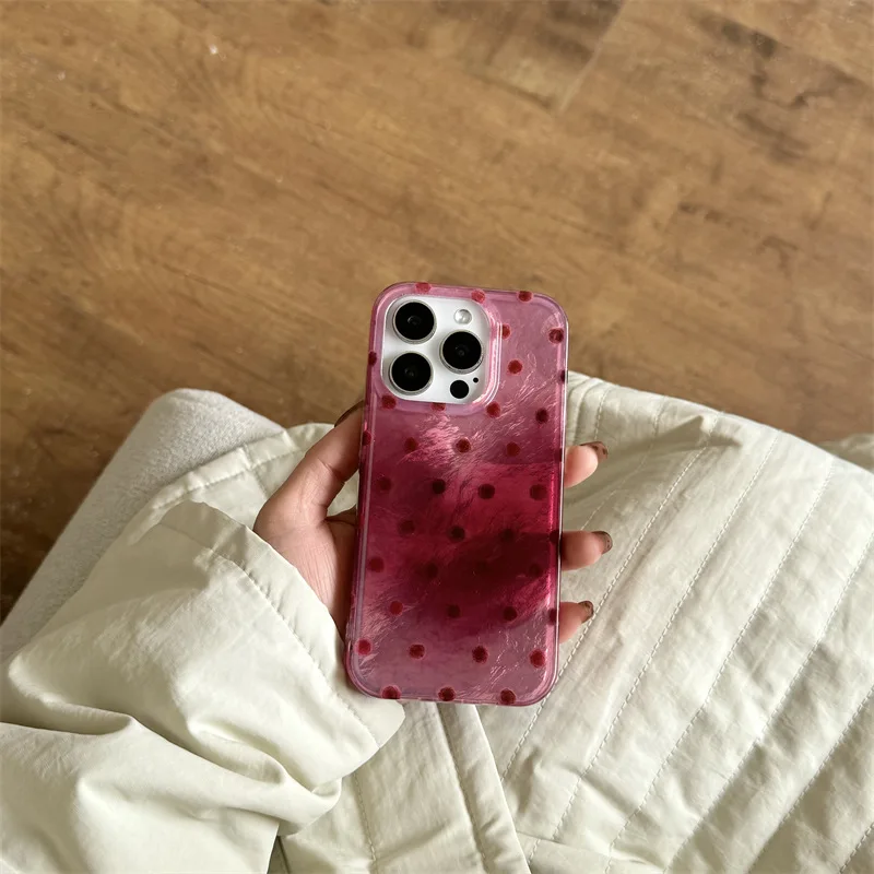 Whirlpool Pattern Berry Pink Polka Dot Phone Case with Fur Ball Hanging Rope