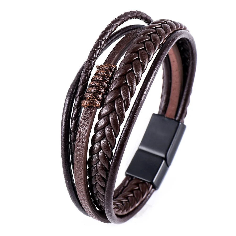 Stylish Multilayer Braided Leather and Stainless Steel Men's Bracelet