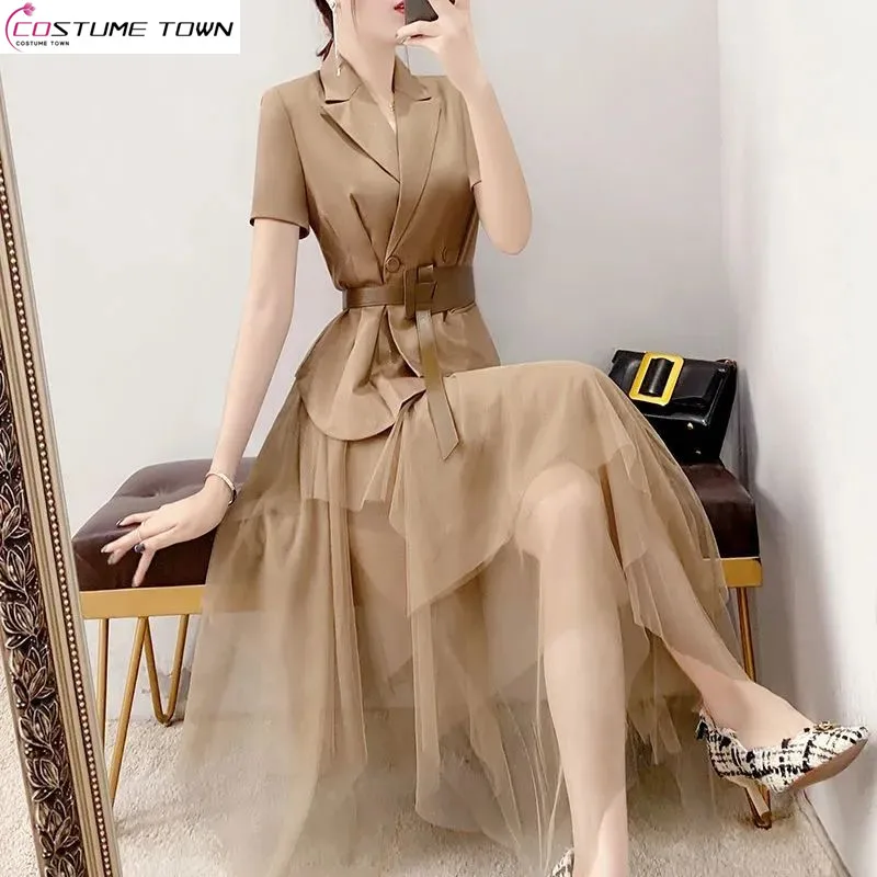 High End Socialite Suit Mesh Skirt Set for Women's Spring and Summer Professional Short Sleeved Waist Jacket Two-piece Set