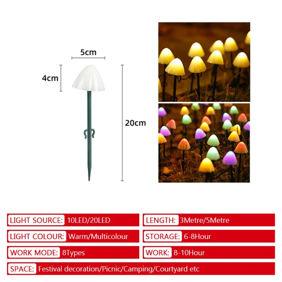 LED Solar Light String Outdoor Waterproof Mushroom Lawn Light Garden Courtyard Terrace Trail Landscape Decoration Lighting 6