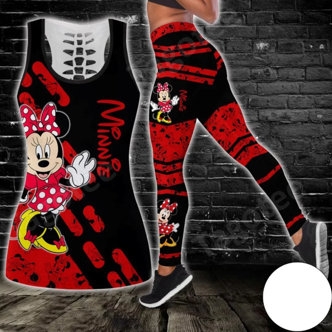 Disney Minnie Mouse regata oca para mulheres, conjunto de ioga, perneiras de fitness, treino, regata recortada, terno, verão