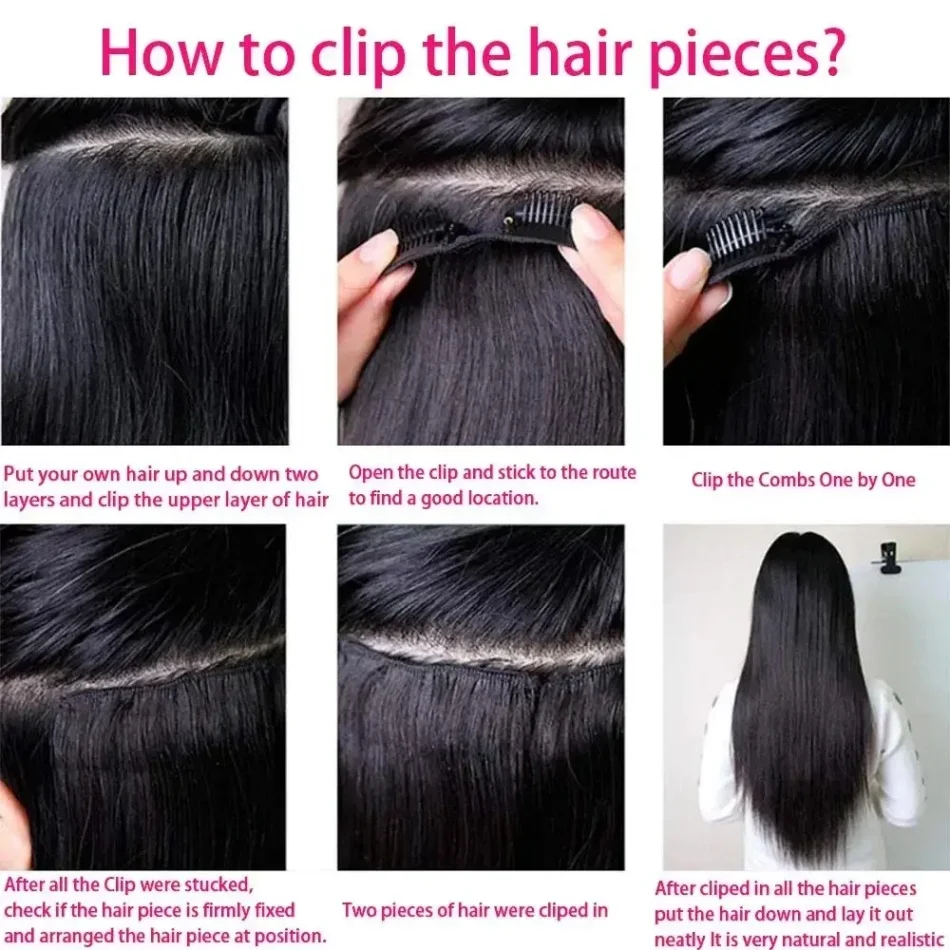 Extensions de cheveux humains naturels (100 g, non traités), 7 pièces/ensemble, clips invisibles, couleur #1B, longues, tissage PU, lisses._voghion.com