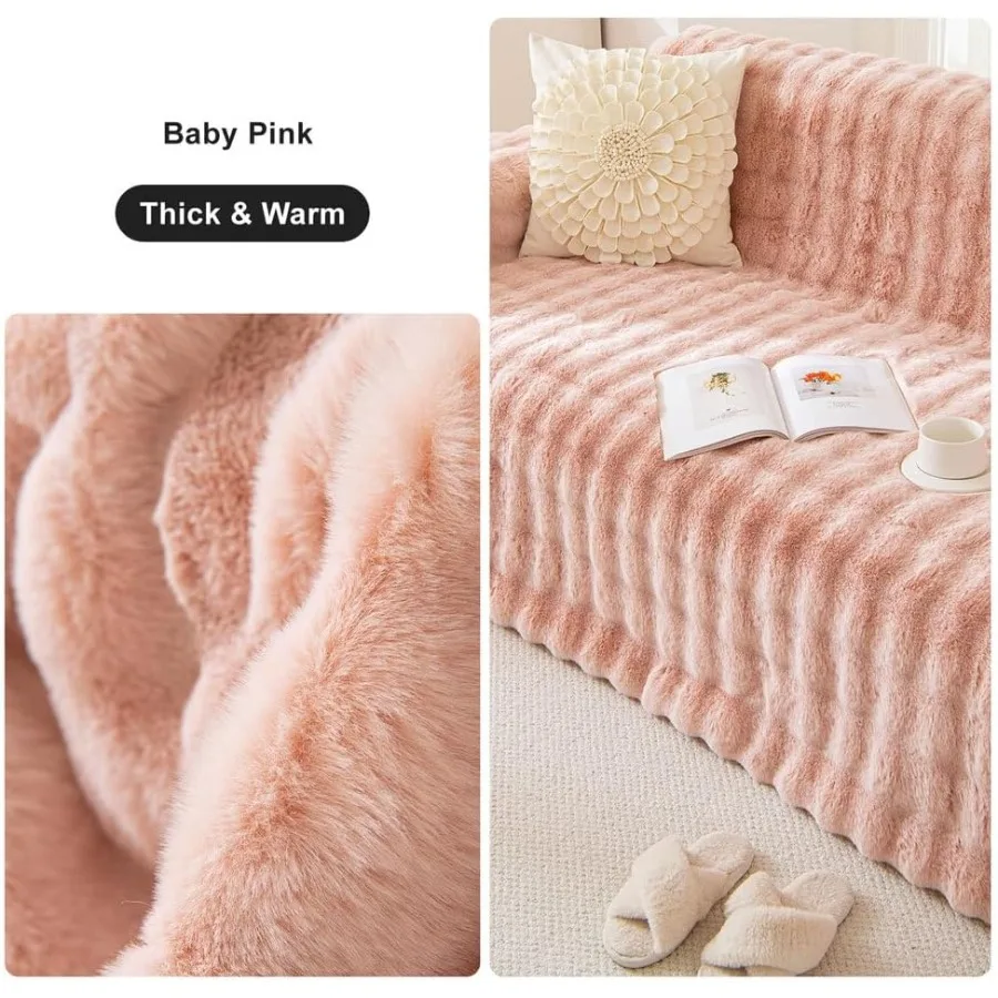 Fuzzy Faux Fur Couch Cover Durable Sofa Cover for Dogs Cats Thick Cozy Shaggy Sofa Slipcover for Sectional L Shaped Sofa Pets M