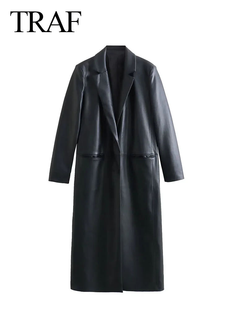 

TRAF 2023 Female Oversized Solid Faux Leather Coat For Lapel Vintage PU Windbreaker Jacket Women Loose Long Streetwear Outerwear