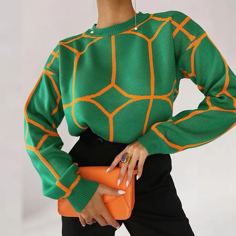 

Women Sweater New Knitted Casual Pullover Fashion Hot Sale Stitching Women's Long Sleeve Top Crew Neck Pattern Striped Sweater