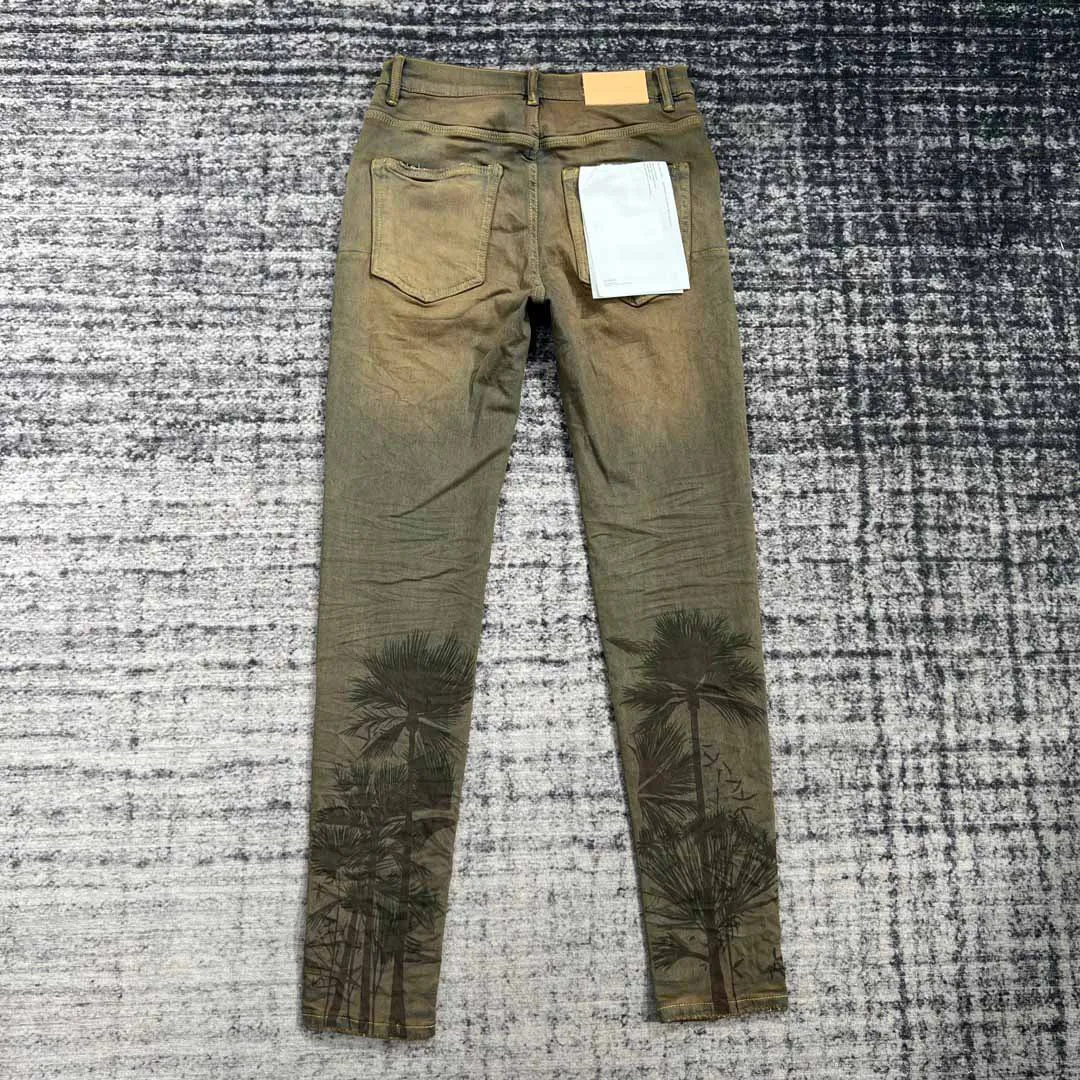 men vintage palm prints yellow fade jeans 2