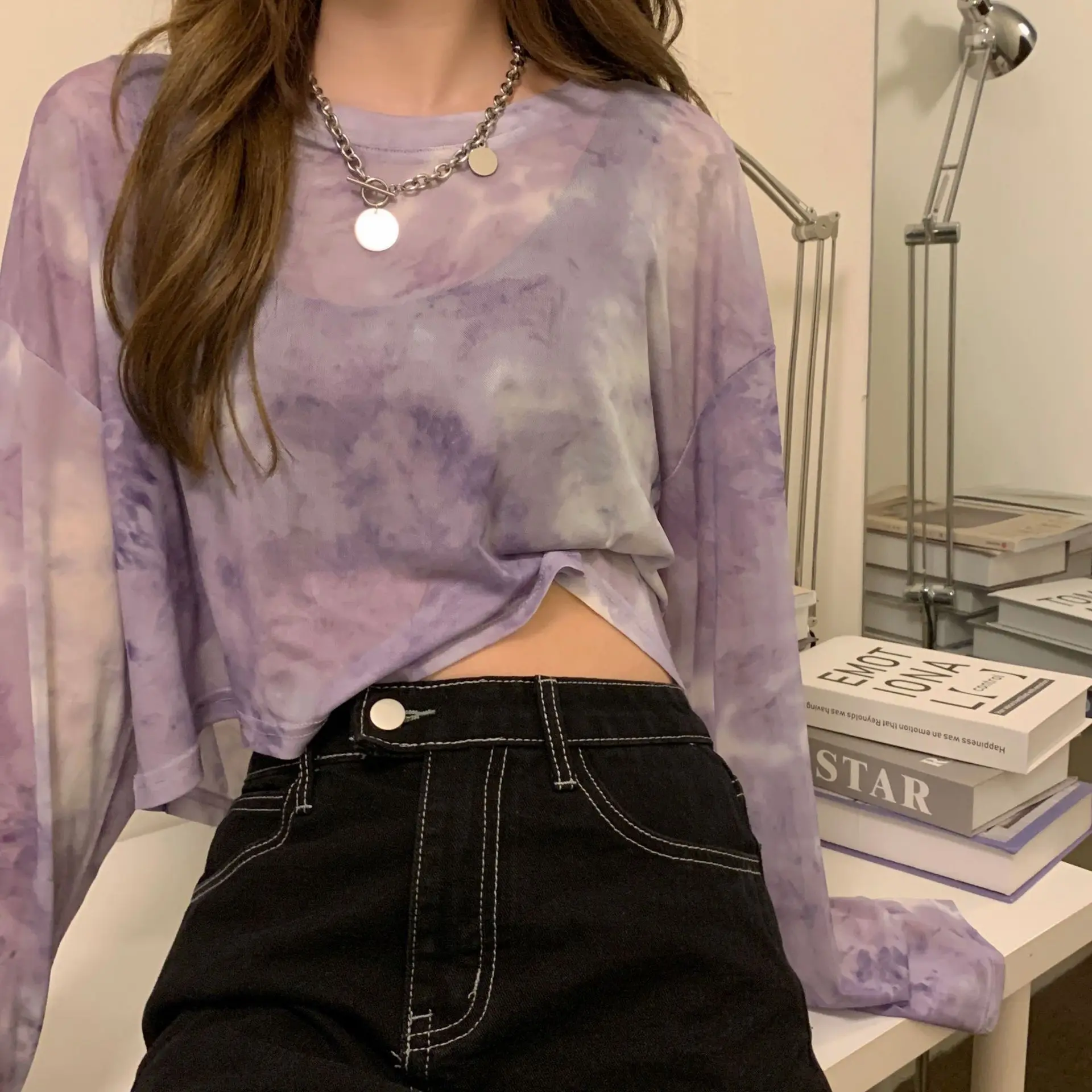 thumbnail image 1 of Camisetas teñidas para mujer, camisetas de manga larga de malla transparente para mujer, camisetas holgadas finas de verano para playa para mujer, camisetas sexis a prueba de sol, 1 of 4