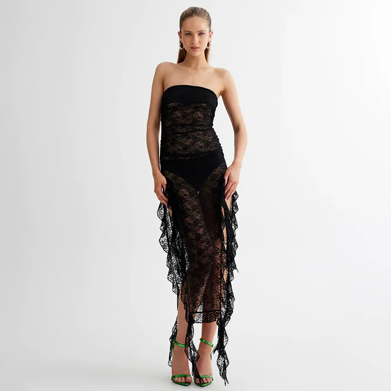 

Sexy Strapless Lace Tassel Dress Women Summer Black High Waist See Through Maxi Dresses Female Slim High Slit Party Vestido