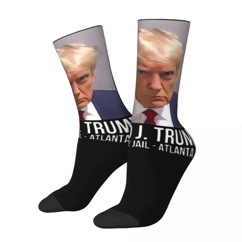 

Parody Trump Mug Shot Never Surrender Theme Design All Season Socks Merchandise for Male Non-slip Printing Socks