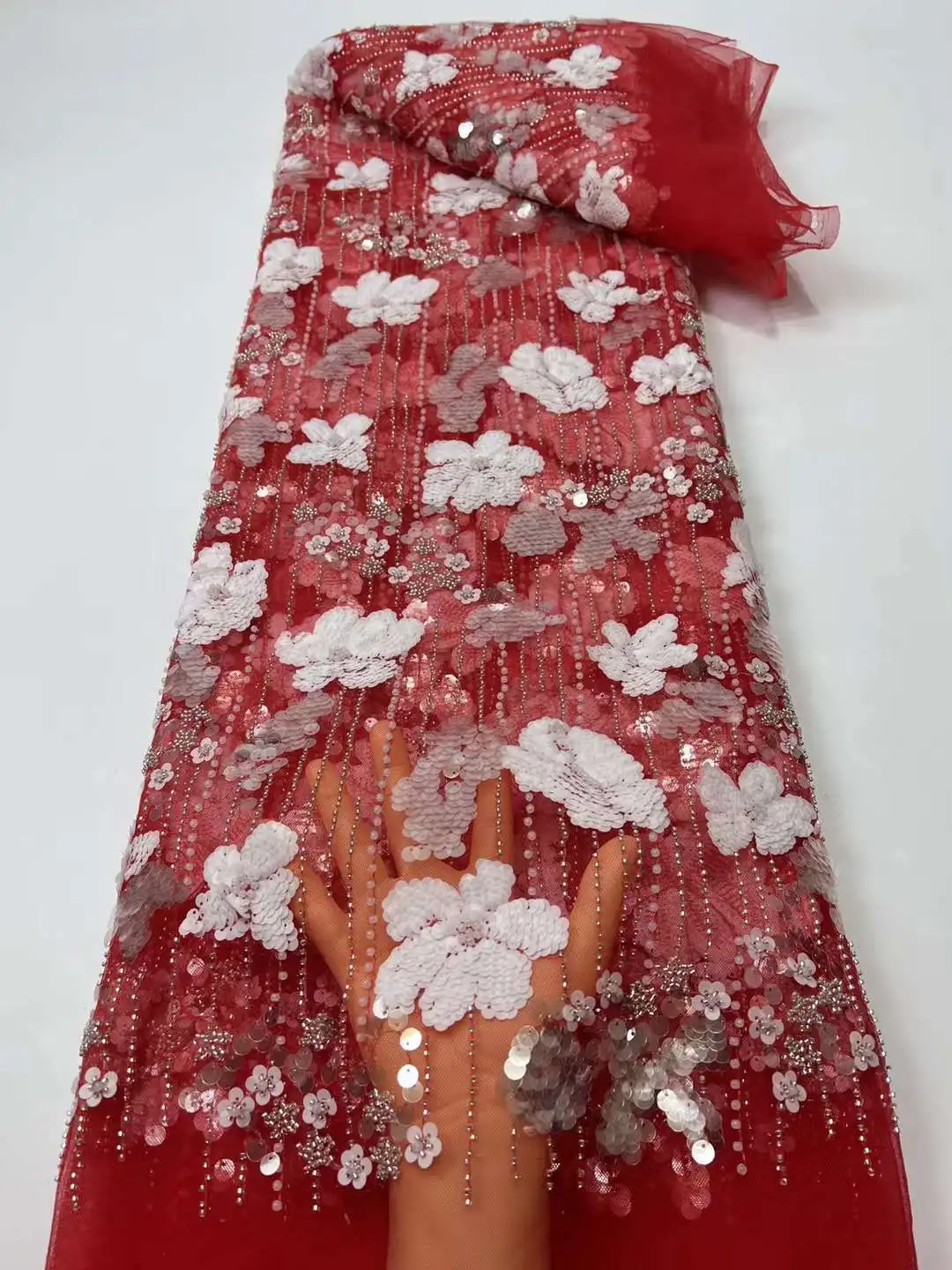 

Beautiful Beaed Fabric With sequins Embroidery French mesh lace Sequin Nigeria fabirc For Weddings Evening dresses party 5yards