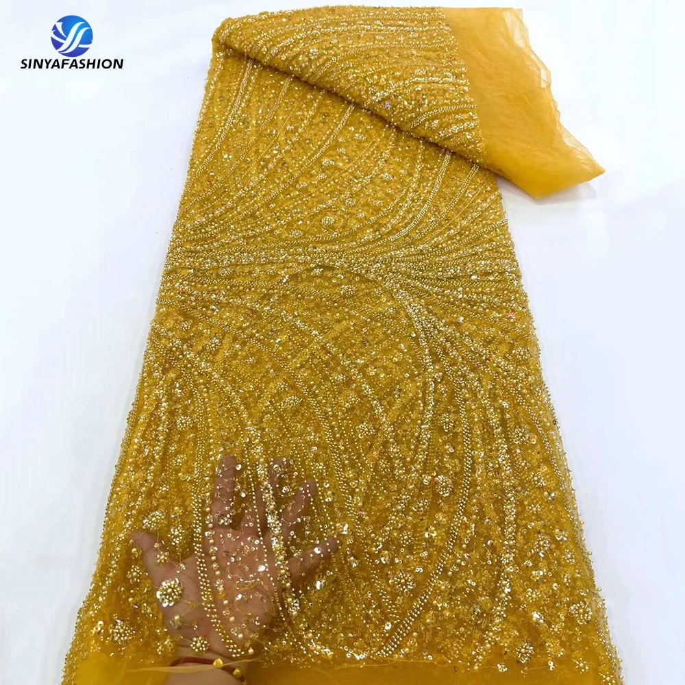

Gold Embroidery Sequins Pearls Beads African Lace Fabric 2024 High Quality French Embroidery Luxury Beaded Bridal Wedding Lace